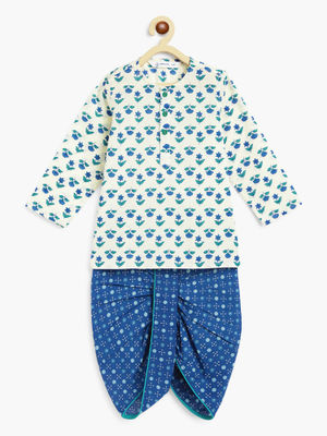 Campana Boys Bansi Dhoti Kurta Set - Pichwai Print - Off-White & Green main image 1