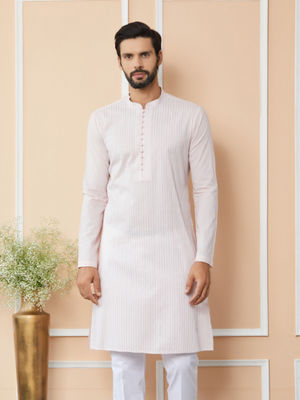 Buy See Designs Light Pink Thread Worked Cotton Kurta Online