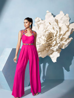 Qunic - Pink Bloom Jumpsuit with Belt (Set of 2)