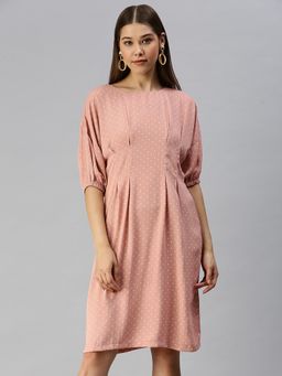 SHOWOFF - Women Peach Polka Dots Boat Neck Dress