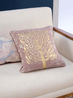 Freedom Tree - Kadamba Tree Cotton Flex Pink And Natural And Metallic Cushion Cover - 16 X 16 Inches