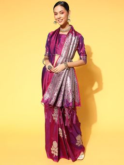 Odette - Silk Blend Magenta Woven Design Saree with Unstitched Blouse