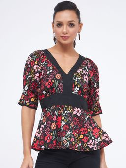 Kibo - Floral V-Neck Solid Panelled Top for Women