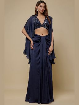Asaga - Women Navy Blue Maven Drape Skirt with Blouse and Cape