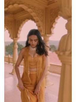Asaga - Women Mustard Pavitra Indo Western Blouse with Skirt with Jacket