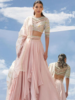 MANDIRA WIRK - Women Peach Valley Of Flower Top with Skirt, Belt and Dupatta