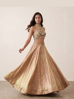 "Two Sisters" by Gyans - Royal Gold: Geometric Embellished Lehenga with Blouse