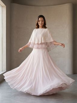 "Two Sisters" by Gyans - Soft Blush Pink Hand-Embroidered Cape Set With A Bustier And A Lehenga