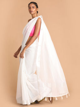 Indethnic - Kota White Solid Work Wear Saree With Unstitched Blouse