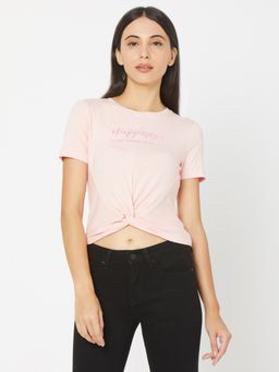Spykar - Women Pink Cotton Regular Fit Round Neck Crop Top