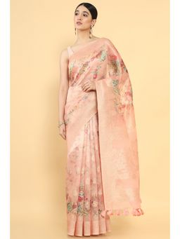 Soch - Women Peach Organza Floral Saree with Unstitched Blouse