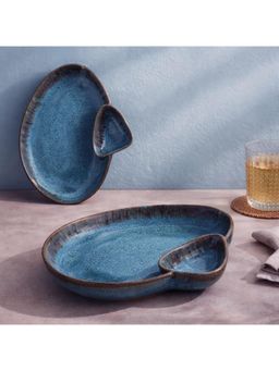 BRINNS - Oceanic Blue Glazed Ceramic Microwave Safe Chip & Dip Plate