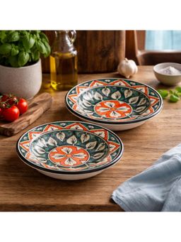 BRINNS - Floral Teal-Orange Print Ceramic Microwave Safe Pasta Plates - 325 ml