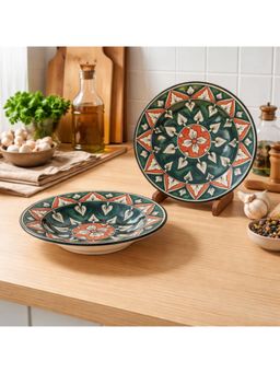 BRINNS - Floral Orange-Teal Print Ceramic Microwave Safe Pasta Plates - 450 ml