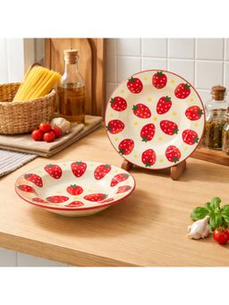 BRINNS - Strawberry Cream-Red Print Ceramic Microwave Safe Pasta Plates - 450 ml