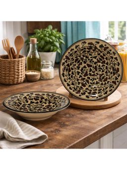 BRINNS - Floral Brown-Black Print Ceramic Microwave Safe Pasta Plates - 450 ml