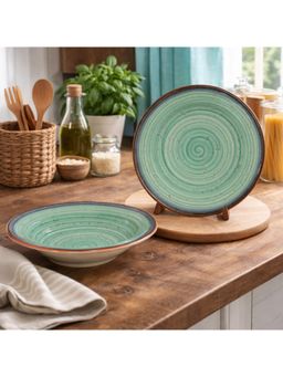 BRINNS - Oceanic Green-Brown Glazed Ceramic Microwave Safe Pasta Plates - 450 ml