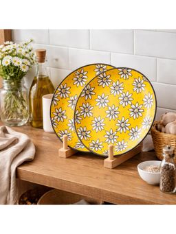 BRINNS - Floral Yellow-Black Print Ceramic Microwave Safe Dinner Plates