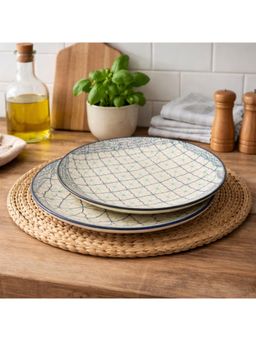 BRINNS - Checkered Blue-Green Print Ceramic Microwave Safe Dinner Plates