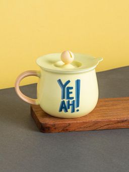 CLAY CRAFT - YEAH Printed Ceramic Coffee Mug with Silicone Lid, 400 ml, Yellow