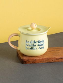 CLAY CRAFT - Healthy Body Healthy Mind Ceramic Coffee Mug with Lid, 400ml Yellow