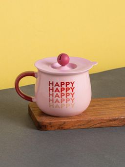 CLAY CRAFT - ALO HA Printed Ceramic Coffee Mug with Silicone Lid, 400ml Pink Mug