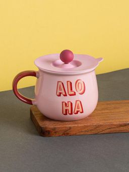CLAY CRAFT - HAPPY Printed Ceramic Coffee Mug with Lid, 400ml Pink Mug