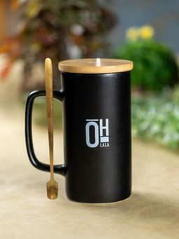 CLAY CRAFT - OH LALA Tall Ceramic Coffee Mug with Bamboo Lid & Spoon, 500ml