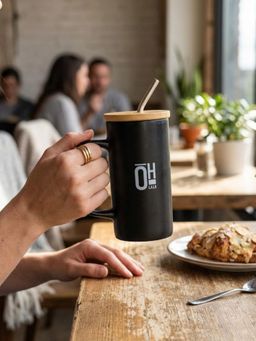 CLAY CRAFT - OH LALA Tall Ceramic Coffee Mug with Glass Straw, 500ml Black