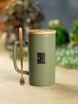 CLAY CRAFT - CHILL Tall Ceramic Coffee Mug with Bamboo Lid & Spoon, 500ml Green