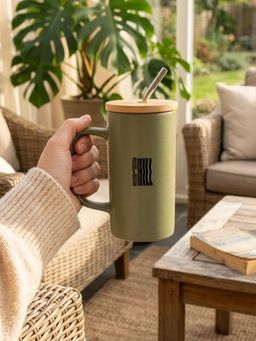 CLAY CRAFT - CHILL Tall Ceramic Coffee Mug with Bamboo Lid & Straw, 500ml Green