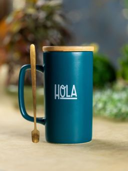 CLAY CRAFT - HQLA Tall Ceramic Coffee Mug with Bamboo Lid & Spoon, 500ml Teal