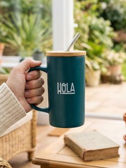 CLAY CRAFT - HQLA Tall Ceramic Coffee Mug with Bamboo Lid & Straw, 500ml Teal