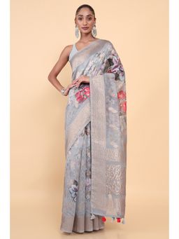 Soch - Women Grey Chanderi Floral Saree with Unstitched Blouse