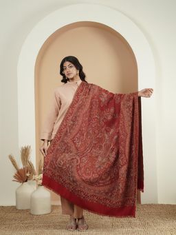 Zamour - Woven Jamawar Faux Wool Jacquard Shawl - Maroon
