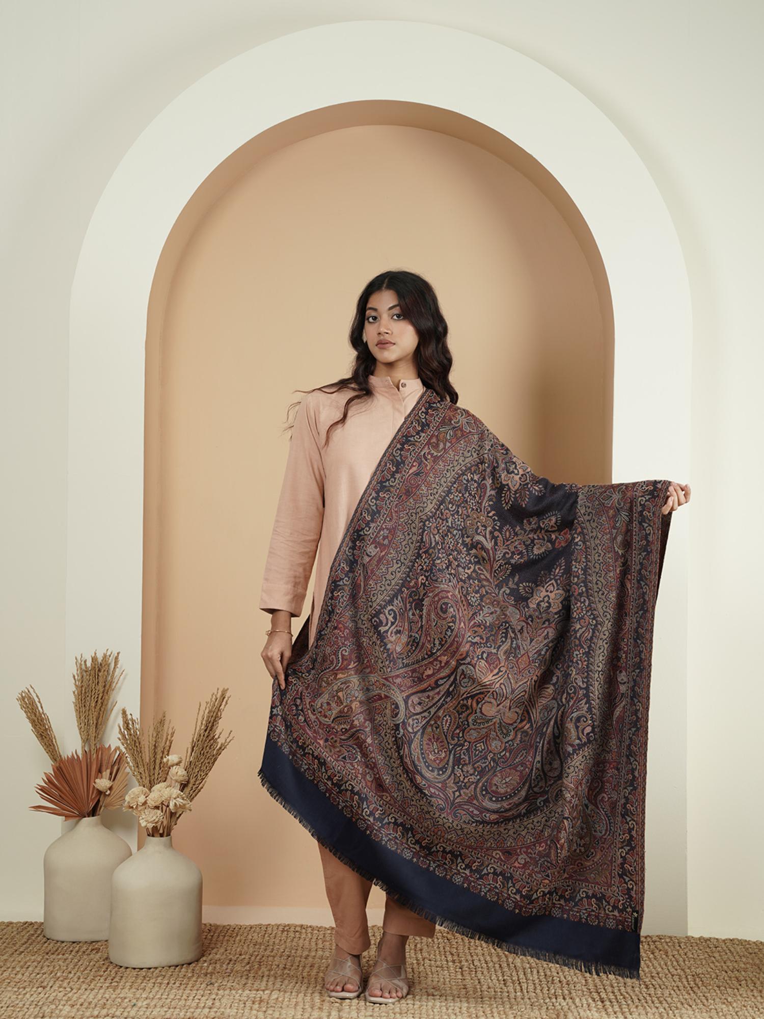 zamour Woven Jamawar Faux Wool Jacquard Shawl - Navy Blue-picture-14