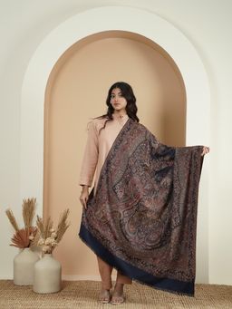 Zamour - Woven Jamawar Faux Wool Jacquard Shawl - Navy Blue