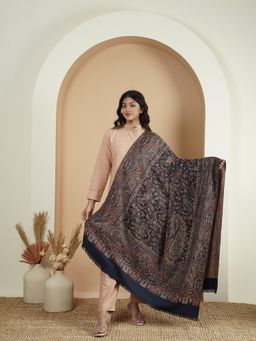 Zamour - Woven Jamawar Faux Wool Jacquard Shawl - Navy Blue