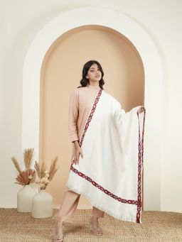 Zamour - Plain Woolen Shawl with Kullu Border - White