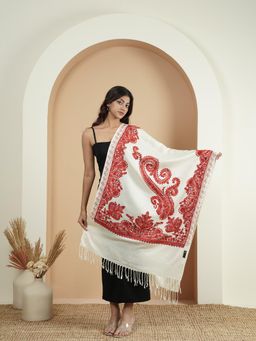 Zamour - Kashmiri Paisley Aari Embroidery Stole - White
