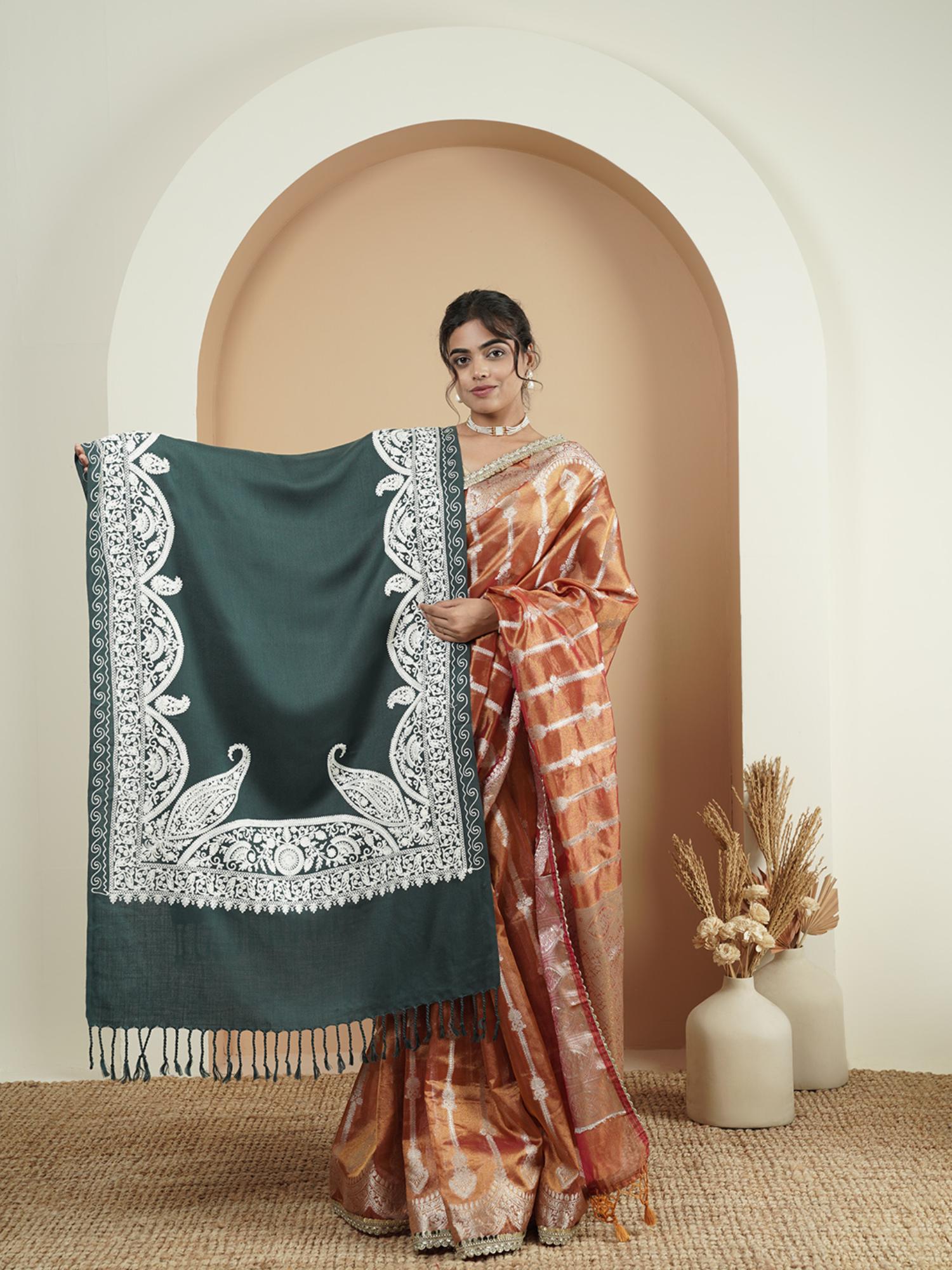 zamour Kashmiri Paisley Aari Embroidery Stole - Grey-picture-20