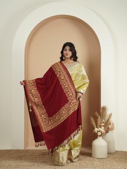 Zamour - Floral Border Aari Embroidery Stole - Maroon