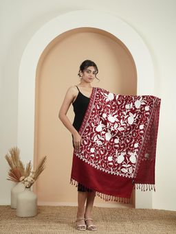 Zamour - Floral Jaal Aari Embroidery Stole - Maroon