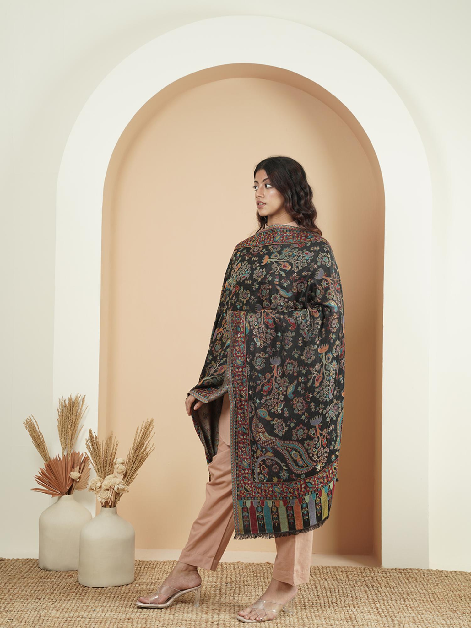 zamour Floral Kani Woven Winter Stole - Black-picture-14