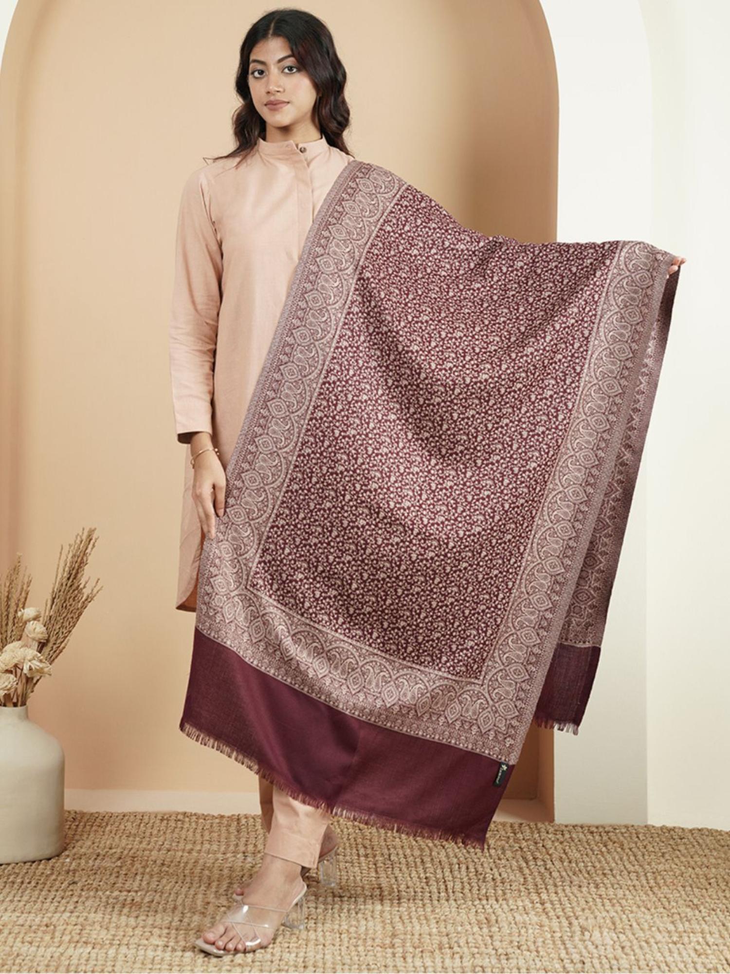 zamour Kani Woven Floral Jaal Woolen Stole - Maroon-picture-11