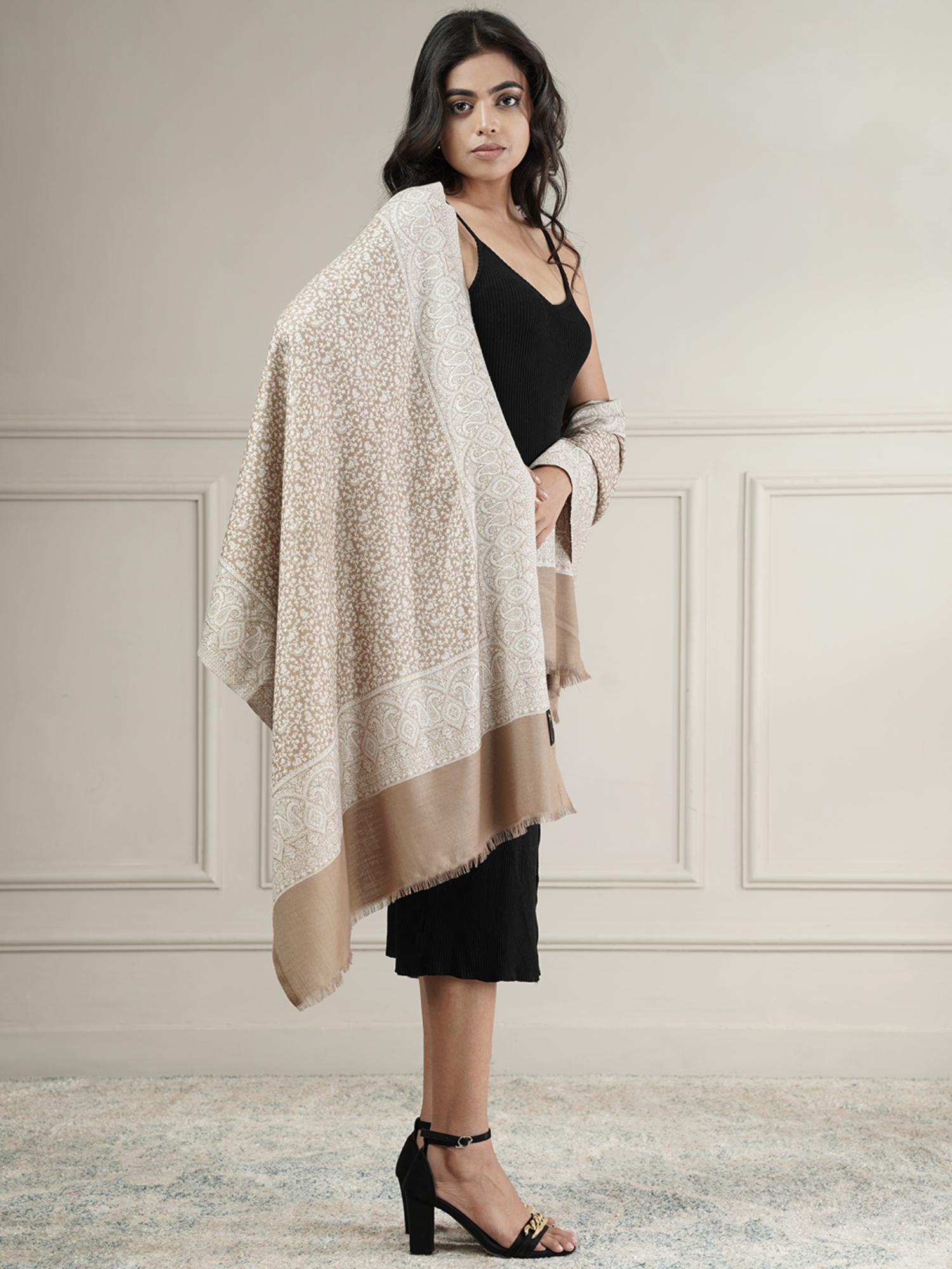zamour Kani Woven Floral Jaal Woolen Stole - Beige-picture-27
