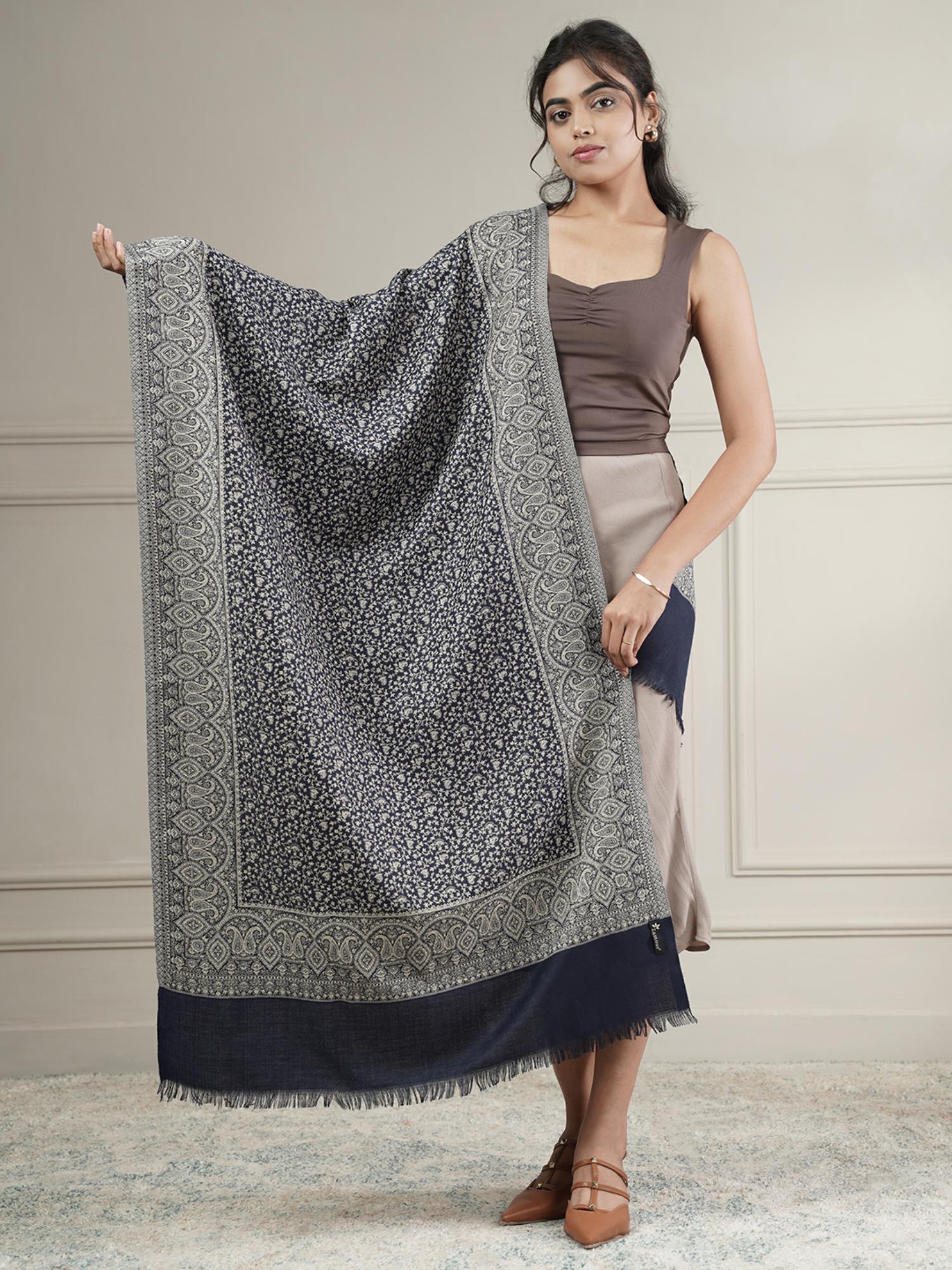 zamour Kani Woven Floral Jaal Woolen Stole - Navy Blue-picture-44