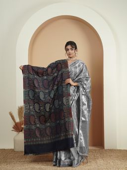 Zamour - Kani Woven Floral Paisley Zari Stole - Navy Blue