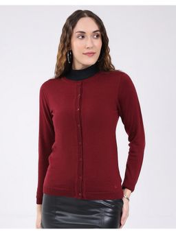 Monte Carlo - Maroon Women Regular Fit Solid Round Neck Full Sleeve Cardigan