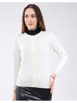 Monte Carlo - White Women Regular Fit Solid Round Neck Full Sleeve Cardigan